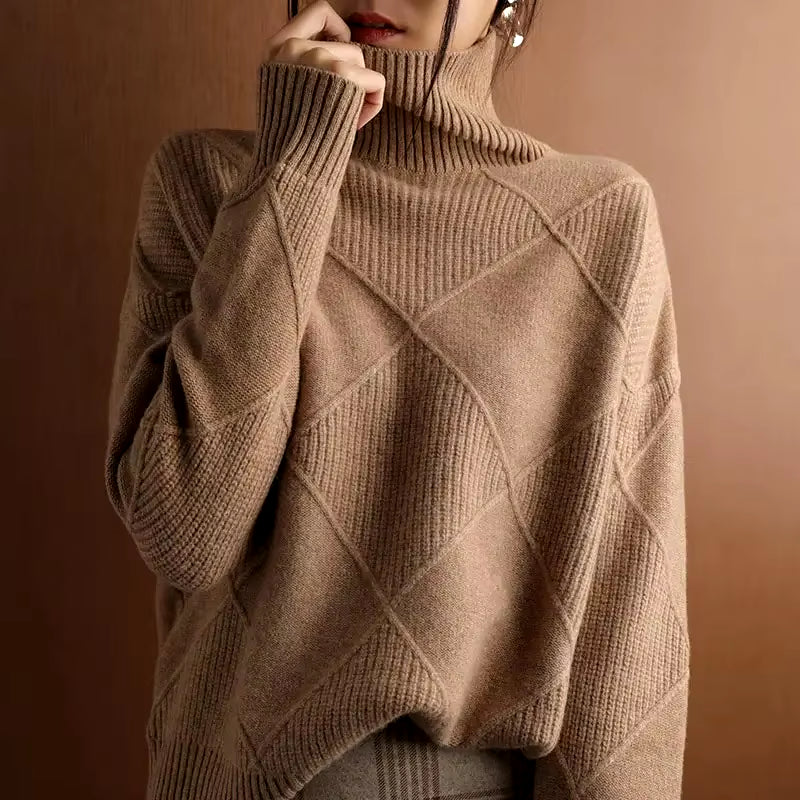 Chic Women's Thickened High Collar Pullover Sweater - Cozy Knitted Wool for Stylish Autumn & Winter, Model DF4845