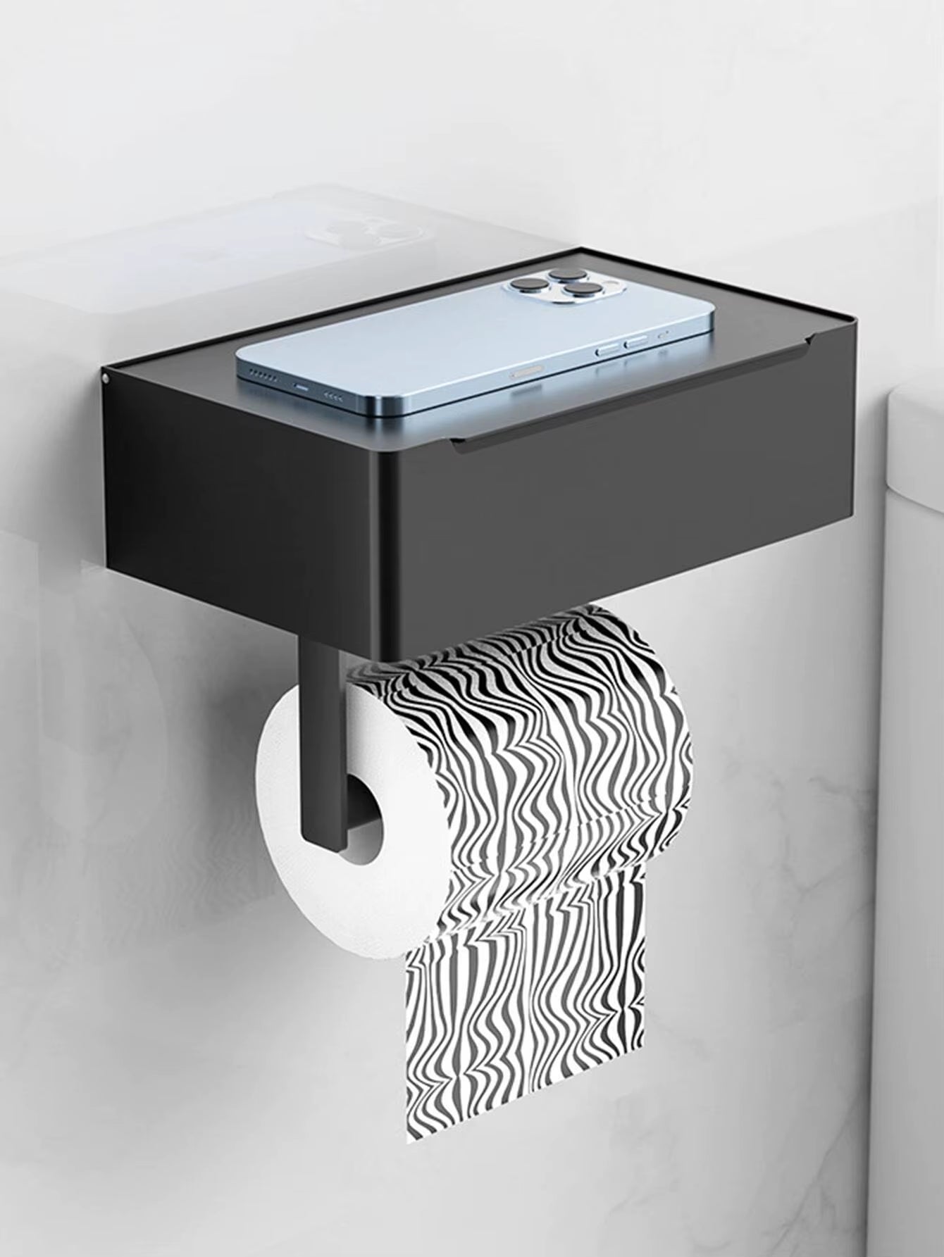 Black Iron Wall-Mounted Toilet Paper and Wet Wipes Holder with Storage Space for Bathroom Use