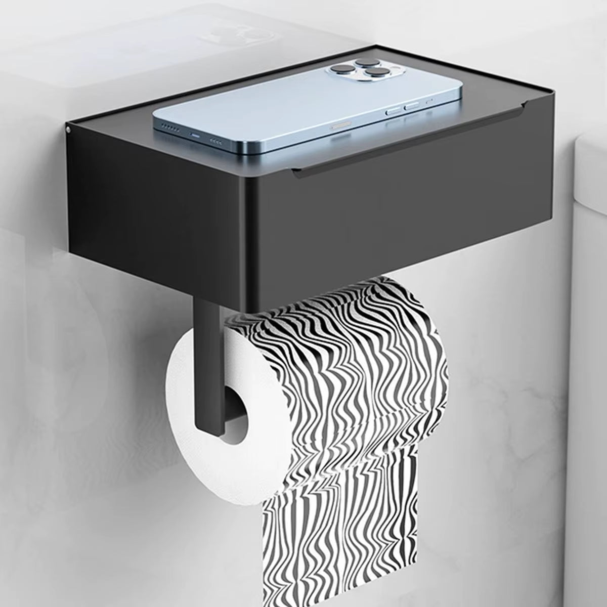 Black Iron Wall-Mounted Toilet Paper and Wet Wipes Holder with Storage Space for Bathroom Use