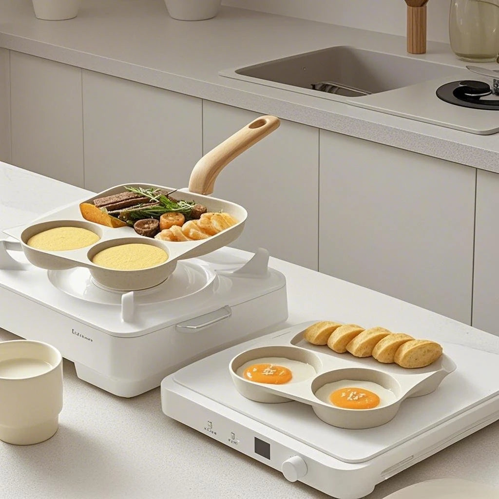 Multi-Section Nonstick Breakfast Frying Pan for Eggs, Burgers, and Steaks - Three-in-One Cookware Omelet Pan