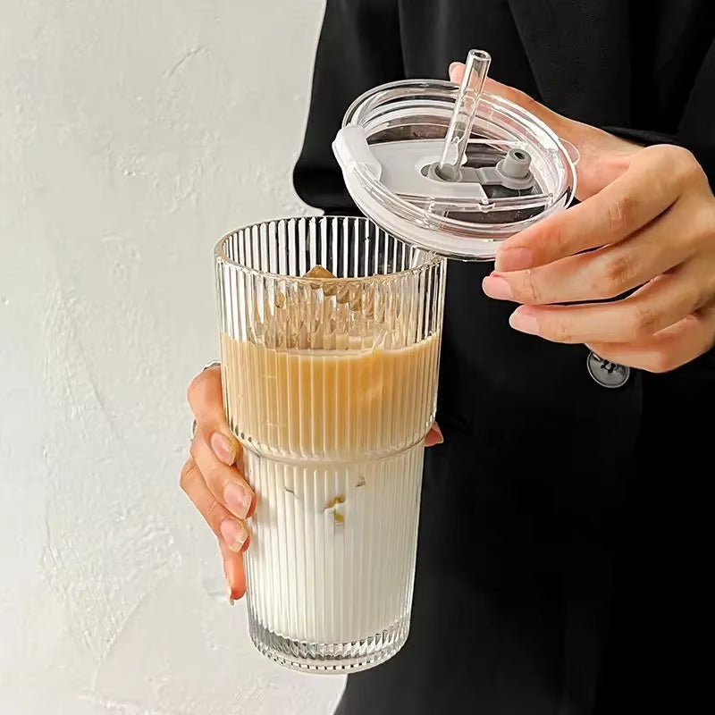 600ML Transparent Stripe Glass Coffee Cup with Lid and Straw - Versatile Drinkware for Juice, Milk Tea, and Iced Coffee