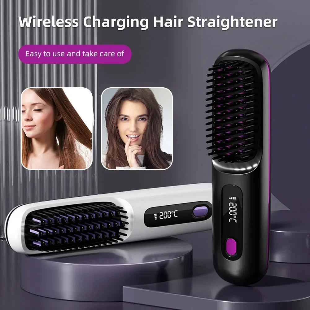 Cordless USB Rechargeable Hair Straightener Brush with Negative Ion Technology for Styling and Detangling Curly Hair