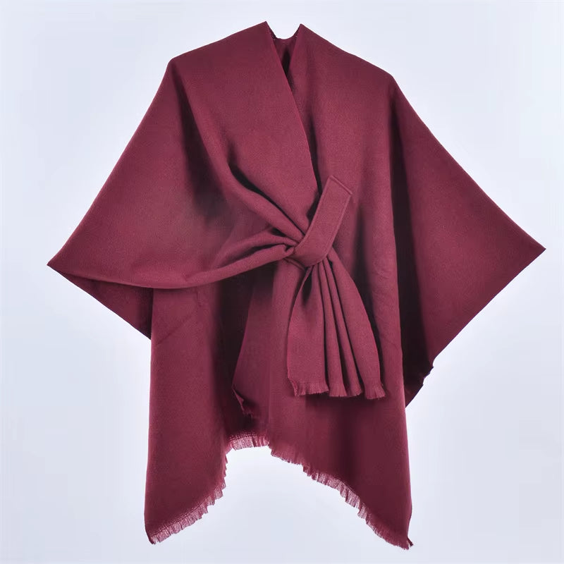 Chic Women's Shawl Wrap - Cozy Open Front Poncho Cape with Tassel Accents for Autumn and Winter