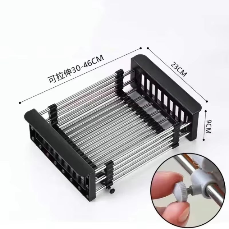 Extendable Stainless Steel Kitchen Sink Drain Rack for Dish Drying and Fruit/Vegetable Washing Storage