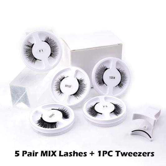 Magnetic False Eyelashes Set - 5 Pairs of Reusable Mink Lashes with Extension Tool & Tweezers in 5 Stunning Styles