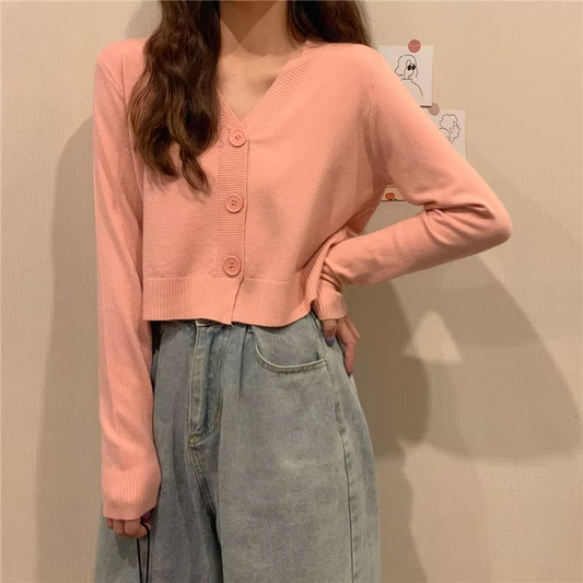 Chic Korean-Inspired Cropped Cardigan for Women - Stylish Long Sleeve V-Neck Sweater in Trendy Green and Blue