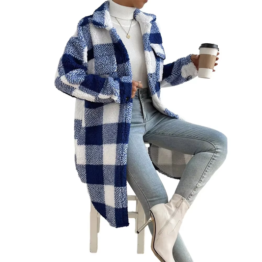 Chic Ladies' Winter Plaid Long Jacket - Cozy Tartan Shacket Cardigan for Ultimate Warmth