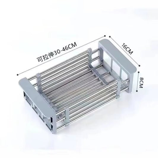 Extendable Stainless Steel Kitchen Sink Drain Rack for Dish Drying and Fruit/Vegetable Washing Storage