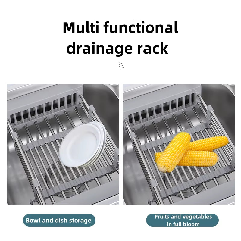 Extendable Stainless Steel Kitchen Sink Drain Rack for Dish Drying and Fruit/Vegetable Washing Storage