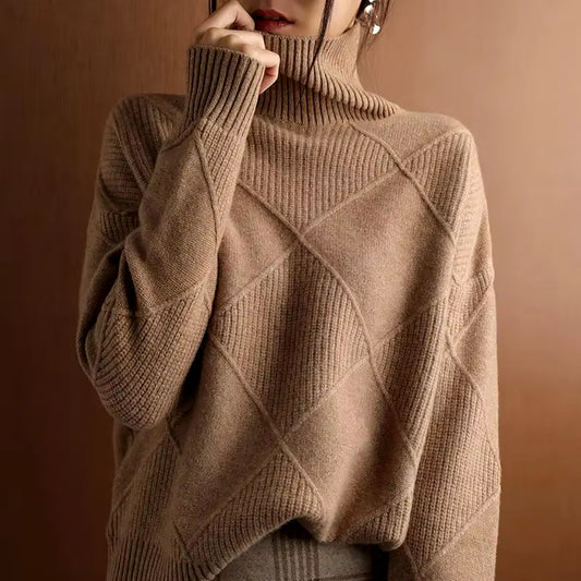 Chic Women's Thickened High Collar Pullover Sweater - Cozy Knitted Wool for Stylish Autumn & Winter, Model DF4845