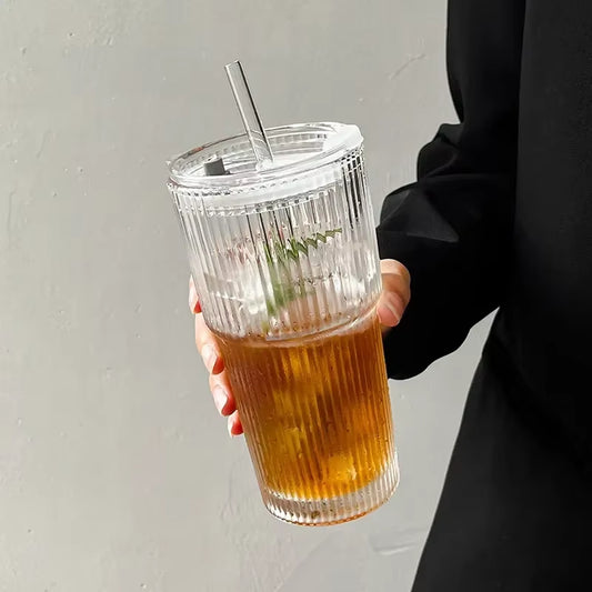 600ML Transparent Stripe Glass Coffee Cup with Lid and Straw - Versatile Drinkware for Juice, Milk Tea, and Iced Coffee